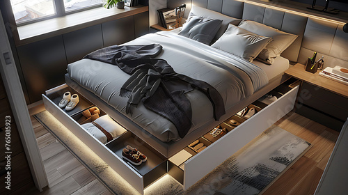 Modern bedroom with a bed frame that incorporates pull-out trays under the mattress for discreet storage of shoes and accessories