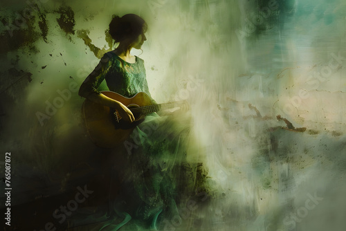 Beautiful woman plays guitar. Blurred illustration in blur motion camera photography style. Concept art illustration for a poster, for music album, book cover