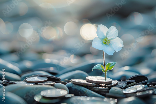 Flower growing on coins money. Financial and investment concept background.