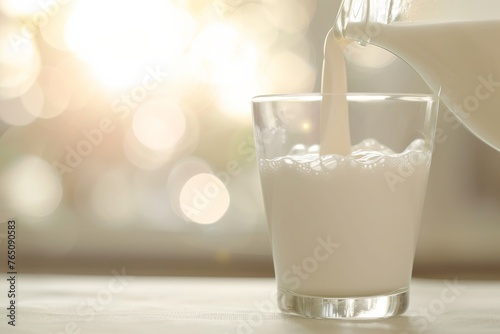 pitcher pours a glass of milk, a classic tableware of liquid fluid. Different from barley water, rice water, or an alcoholic beverage like a gimlet cocktail