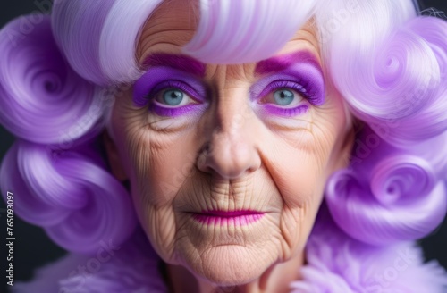 portrait of old woman with purple make up and hair artistically styled against dark background. concepts: artistic expression, creative hairstyles, unusual old people, bright old age, fashion trends