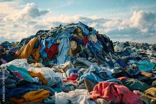Pile of discarded clothing in landfill highlighting issues of fast fashion and sustainability. Concept Fast Fashion, Sustainability, Clothing Waste, Landfill, Environmental Impact