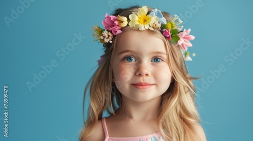 Adorable blond little girl wearing flowers in her hair. Isolated on blue background