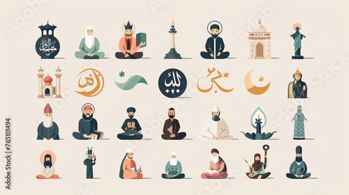 Illustration of religious symbols. Set of small characters representing different religions. Studying theology and learning about Christianity, Islam, and Muslim history and culture.