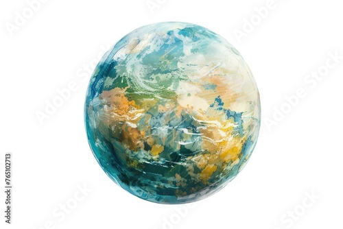 An enigmatic watercolor exoplanet, with oceans and continents visible, against a white backdrop