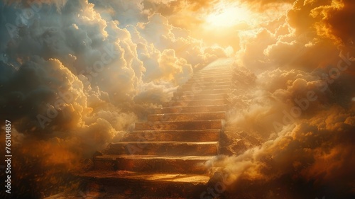 Sunset cloudscape with ethereal golden stairway - A breathtaking golden stairway amongst clouds illuminated by the sunset, signifying a journey to enlightenment
