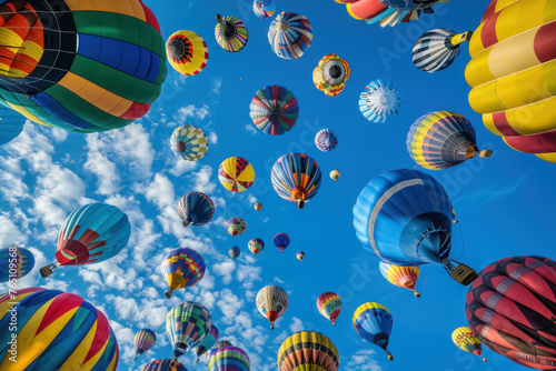 Hot Air Ascension, A kaleidoscope of hot air balloons filling the sky, a patchwork of color rising into the blue, the thrill of flight captured in a tapestry of adventure.