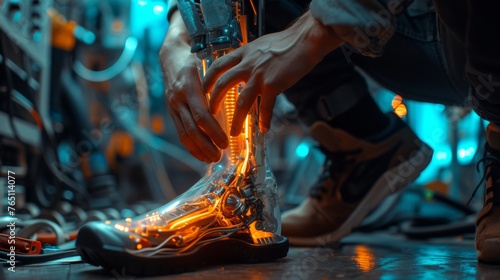 A skilled technician fine-tunes a glowing robotic ankle, emphasizing the synergy between humans and robotic advancements.