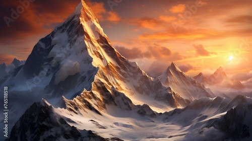 An awe-inspiring mountain peak rising above the clouds, its snow-capped summit glowing in the light of the setting sun, a sight that fills the soul with wonder and gratitude for the beauty of our worl