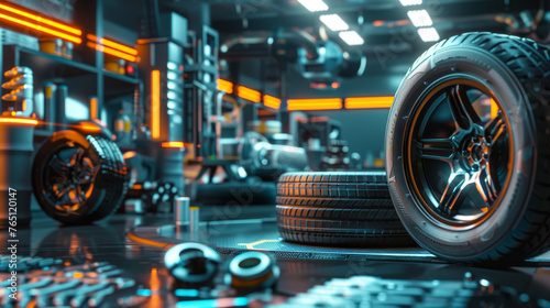 Advanced Automotive Workshop with High-Performance Tires and Futuristic Design