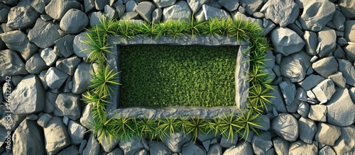 Capture of a stone wall viewed from above with a small patch of green grass in the center