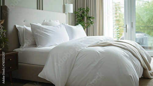 A beautiful bedroom with a white duvet cover and a white throw blanket.