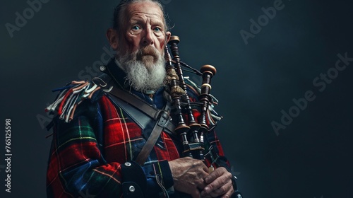 A kilted man playing the bagpipes. He is wearing a traditional Scottish kilt and sporran, and is standing in front of a dark background.