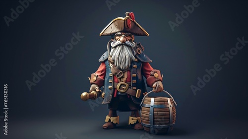 A 3D rendering of a cartoon pirate. He is wearing a blue coat with gold trim, a red sash, and a brown hat with a feather in it.