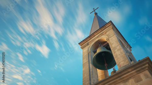 A symbolic image of a church bell ringing out to announce the joyous news of Christ's resurrection on Easter Sunday. The background features the church steeple against a vibrant blue sky.
