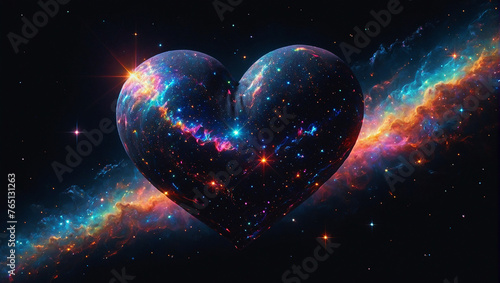 Glitzernde dreidimensionales Herz im leuchtenden Weltall mit Galaxien und Sternen