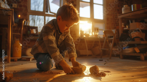  A youngster on his knees on the ground, moulding clay with his hands to form a sculpture, his face softly lit by a studio lamp