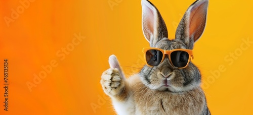 Easter background: Cute Easter bunny in sunglasses giving a thumbs up on an orange background with copy space, banner design