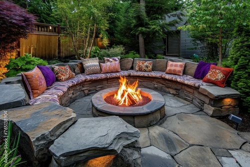Atmospheric Fire pit outdoor. Deck night. Generate Ai