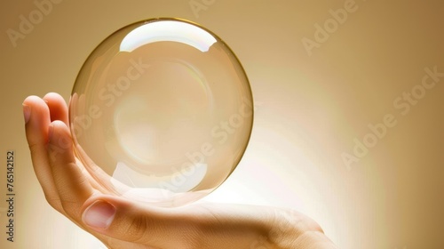 a person's hand holding a soap bubble in front of a light brown background with a reflection of a person's hand holding a soap bubble in the middle of their hand.