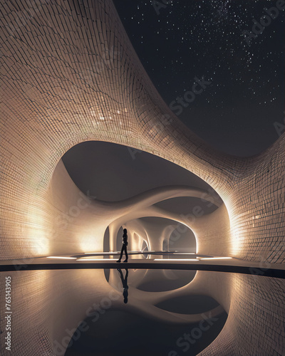 Futuristic architecture interior with a woman walking in a surreal glowing tunnel