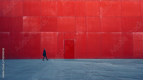 A man in a black suit walks toward a red door in a red concrete wall.