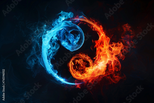 Yin and yang in fiery blue and red on dark wallpaper