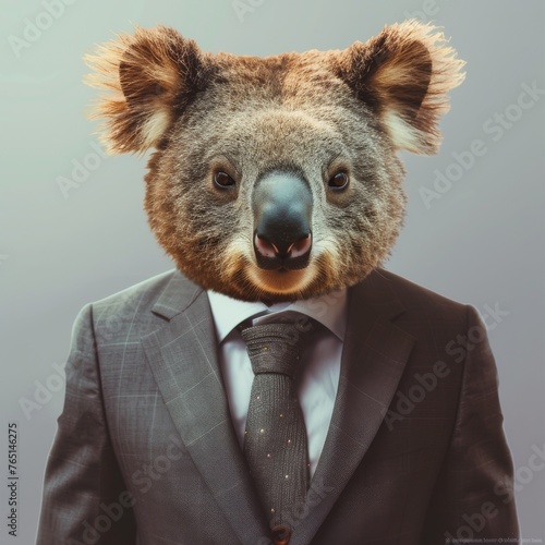 Surreal image of a person with a koala head dressed in a business suit