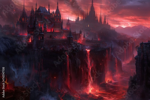 Red-Hued Castle on Cliff Over Lava Falls in a Dark Fantasy Realm, the underworld