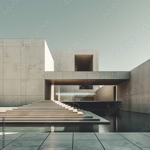 Minimalist concrete architecture with reflecting pool and staircase, bathed in soft morning light. Perfect for modern design and architecture concepts. 