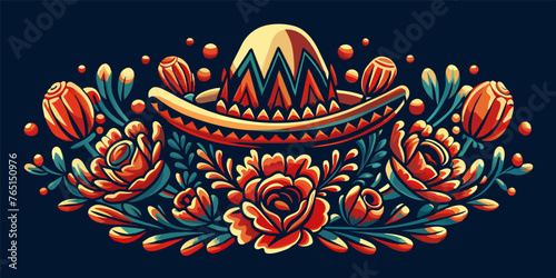 Mexico sombrero for festival Cinco de mayo. Colorful artwork featuring a traditional mexican sombrero surrounded by ornate flowers and festive decorations