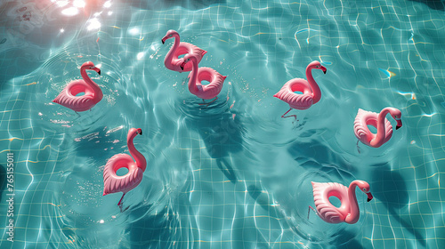 Ilusión óptica flamencos flotador rosados con forma de corazón, flotando en el agua de una piscina con agua cristalina, vacaciones, fantasía, moda, atracción turística, hoteles creativos