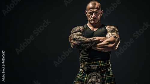 A muscular man in a kilt is standing with his arms crossed. He has tattoos on his arms and a determined look on his face.