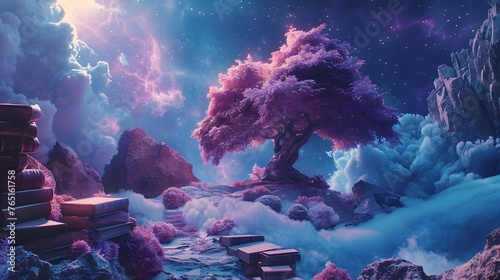 Vaporwave Landscape of Mythical Tree of Knowledge Surrounded by Magical Artifacts