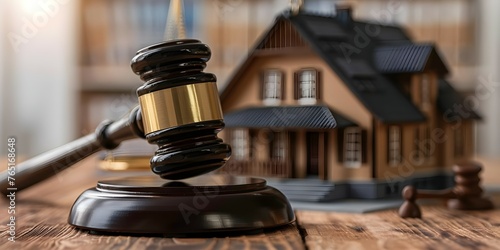Legal Issues Related to Home Ownership: Gavel on Table in Front of House Model. Concept Legal Issues, Home Ownership, Gavel, House Model, Real Estate