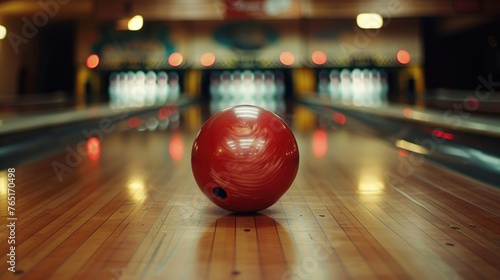 A red bowling ball on a wooden surface. Ideal for sports and recreation concepts
