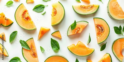 Fresh slices of melon on a white table, perfect for summer menus or healthy eating concepts