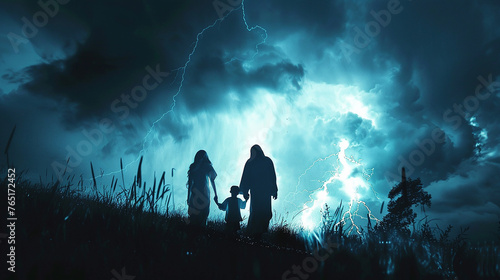 tempestade ao fundo, Jesus iluminado protege a família