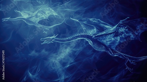 A majestic dragon soaring through a sky filled with blue smoke. Suitable for fantasy and mythical themes