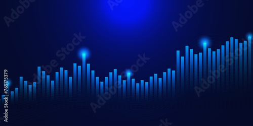 Business increase of positive indicators and analyzing financial and investment data with candle stick graph chart on blue background.