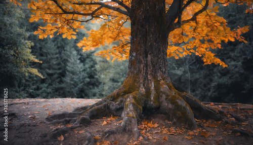 Big tree with orange leaves and big roots. Autumn park. Fall season. Beautiful natural scenery. Dark forest