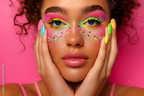 Beautiful woman with colorful nail art covering her face and hands on a pink background, with bright eyes and colorful makeup