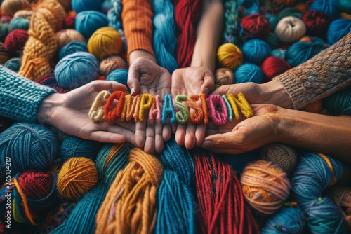 Colorful threads forming the word "COMPASSION" on a backdrop of people extending helping hands. Concept of compassion and kindness. Generative Ai.