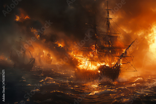 Flames of War: A Naval Battle Scene with a Ship Engulfed in Fire