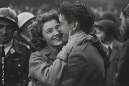 1945 Victory Celebration: Soldier's Emotional Reunion with Nurse Girlfriend Captured in Crowd's Joyful Moments