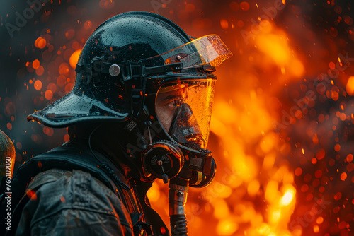 Brave firefighter in full gear saves the day by extinguishing a blazing building