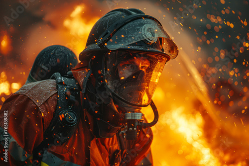 Brave firefighter in full gear battles blaze to save a burning structure
