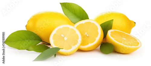 Three lemons and two lemon slices with leaves