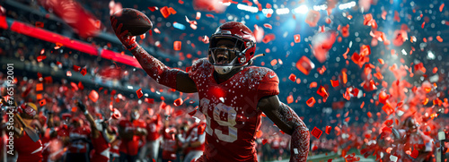 Red-clad football star celebrates scoring a touchdown in packed Super Bowl stadium