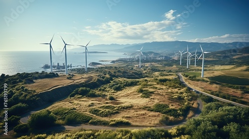 Electric windmills of a wind farm or wind power station on the sea coast